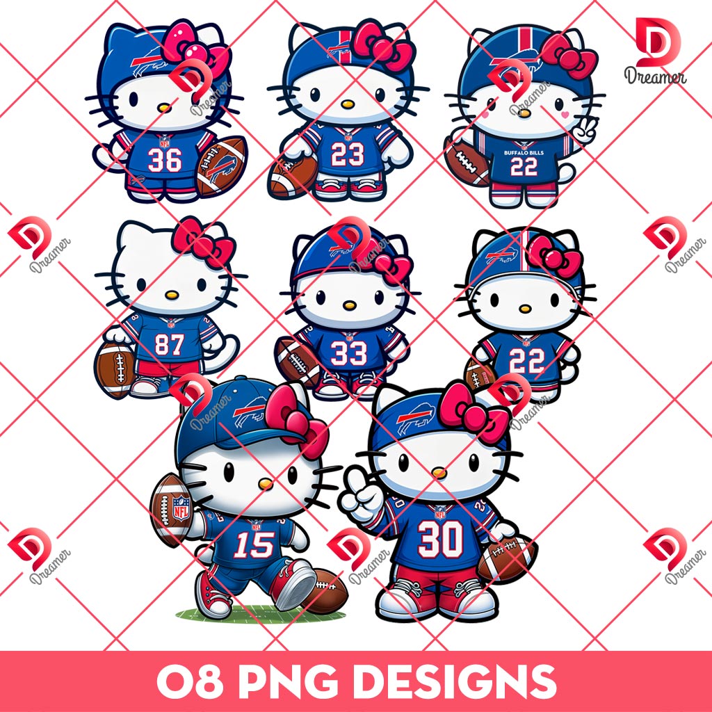 Hello Kitty Buffalo Bills Player PNG Design Bundle, Bundle Hello Kitty NFL Football Buffalo Bills PNG