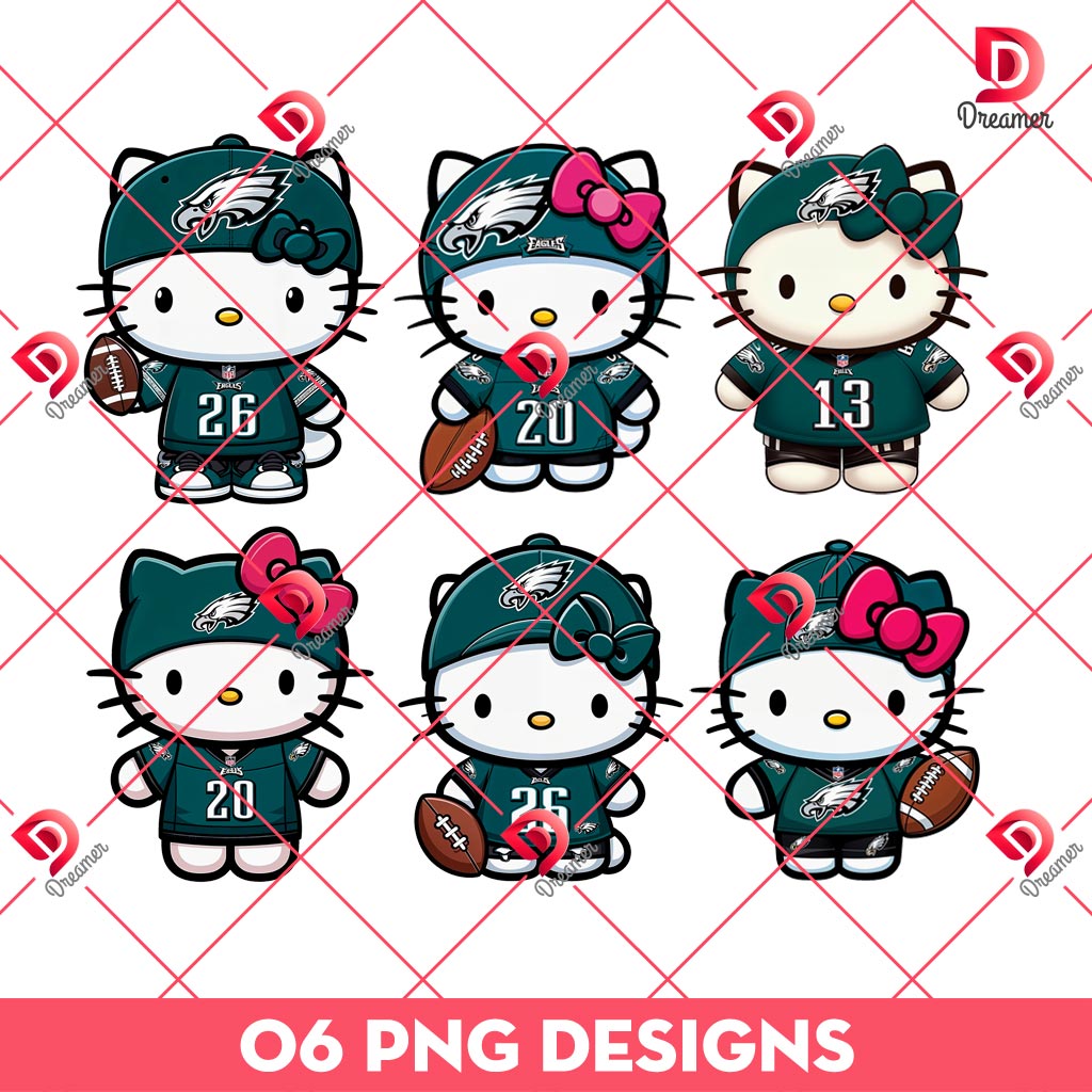 Hello Kitty Philadelphia Eagles Player PNG Bundle, Bundle Kitty NFL Football PNG