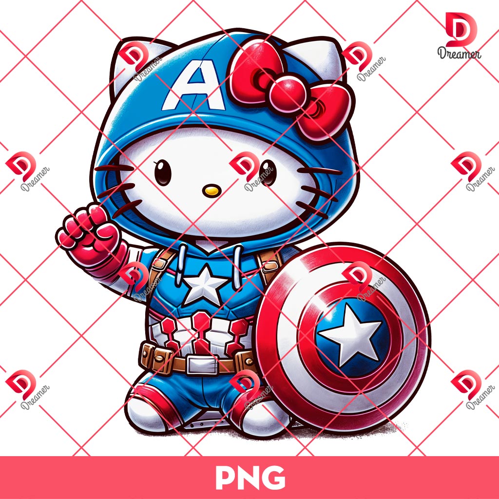 Hello Kitty Wearing Captain America Costume PNG, Hello Kitty Dressed Superhero Outfits PNG