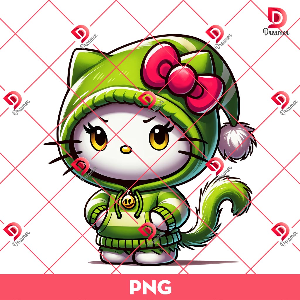 Hello Kitty Wearing Grinch Costume PNG, Hello Kitty Grinchmas Outfits PNG