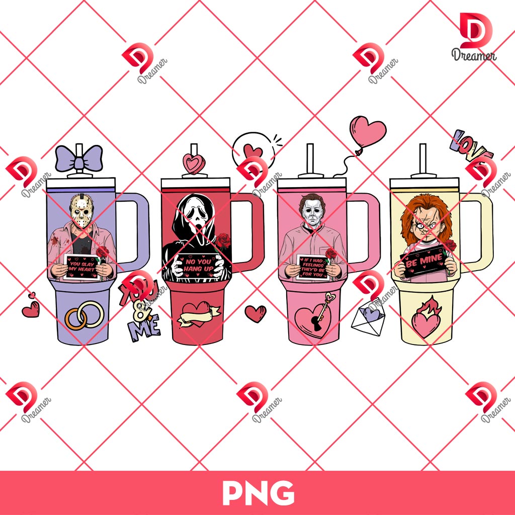 Horror Characters Valentine Cups PNG, Scary Movie Valentines PNG