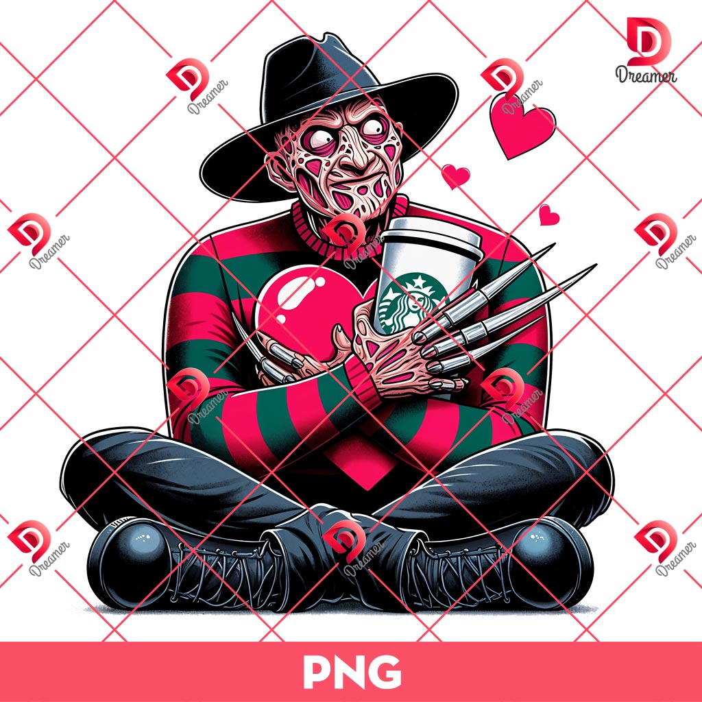 Horror Freddy Krueger Valentines Day PNG, Horror Killer Drinks Starbucks Coffee PNG