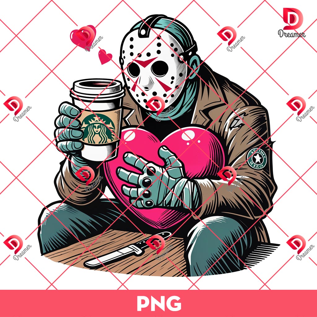 Horror Killer Valentine's Day PNG, Jason Voorhees Drinks Starbucks Coffee PNG