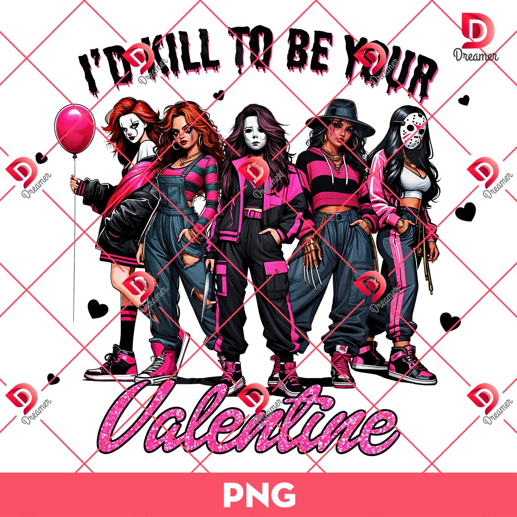 Horror Ladies Killers Valentine PNG, Valentine Killers Love PNG, Pink Heart Valentines Day Horror Ladies PNG