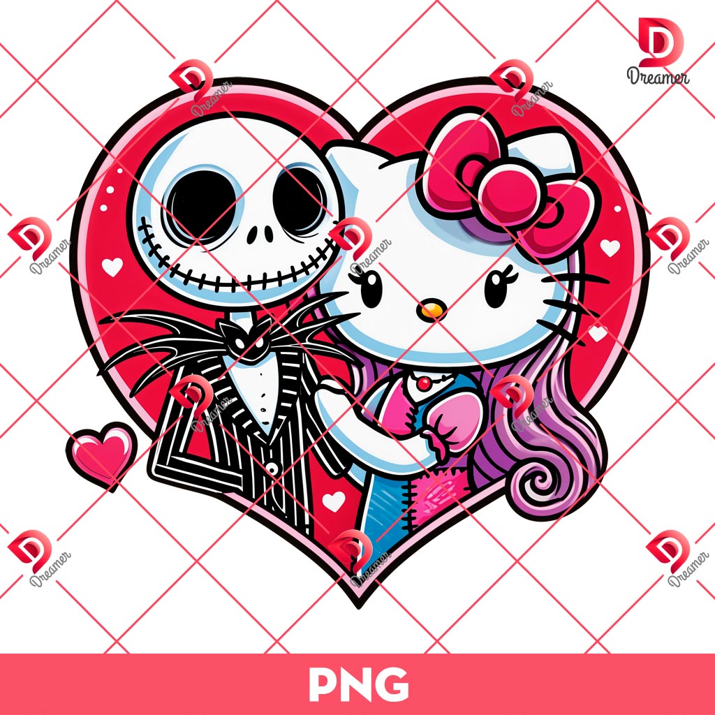 Jack Skellington And Sally Hello Kitty Love PNG, Nightmare Valentines Day PNG, Hello Kitty Nightmare Valentine PNG