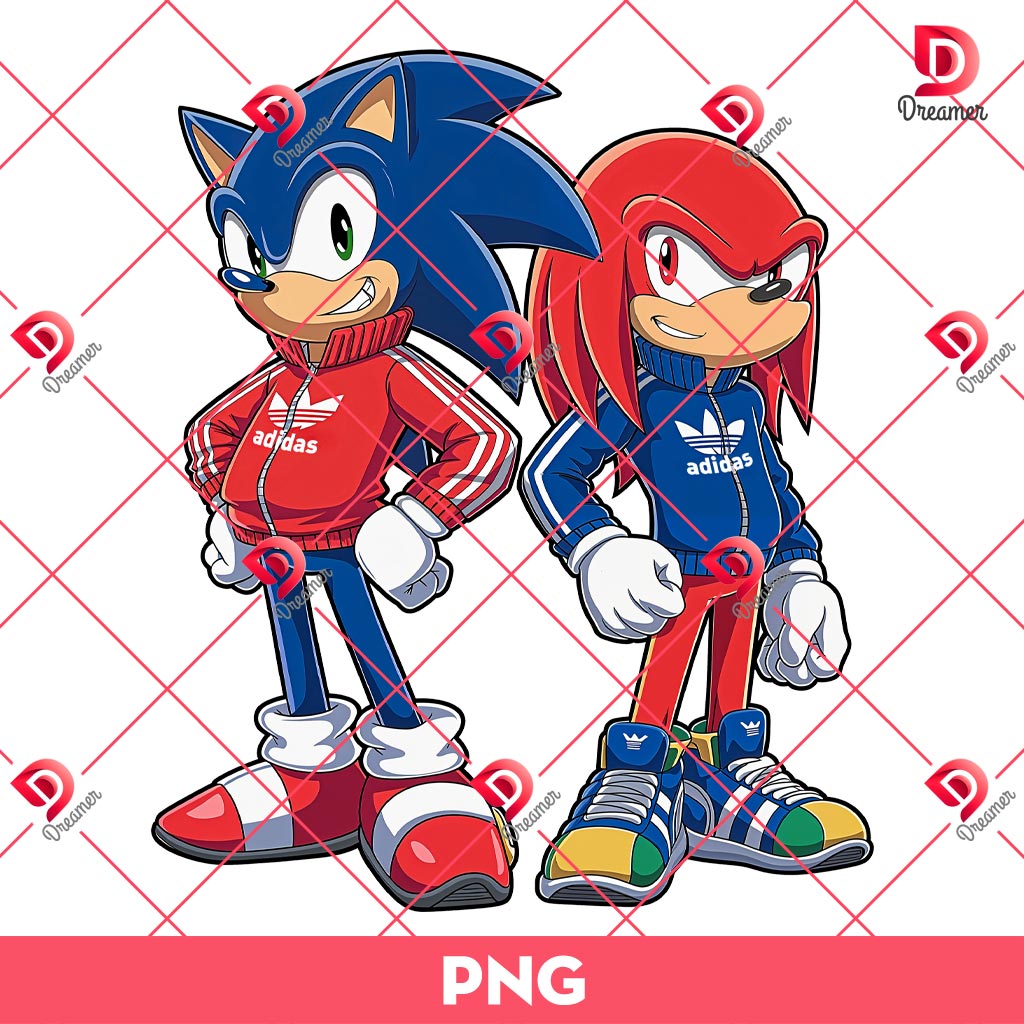 Knuckles and Sonic wearing Adidas Sport Outfits PNG, Cartoon Sonic Adidas PNG