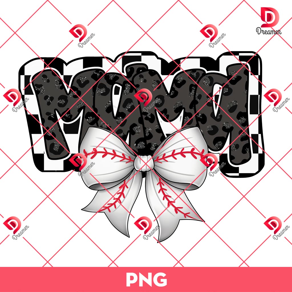 Mama Baseball Coquette Bow PNG, Mama Checkered Baseball PNG