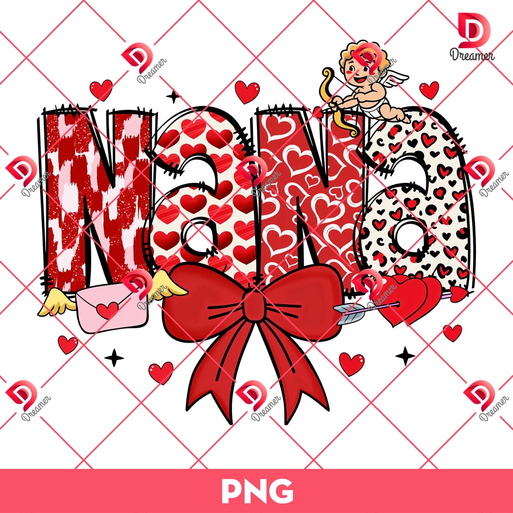 Nana Valentine Coquette Bow PNG, Happy Valentines Day Nana PNG