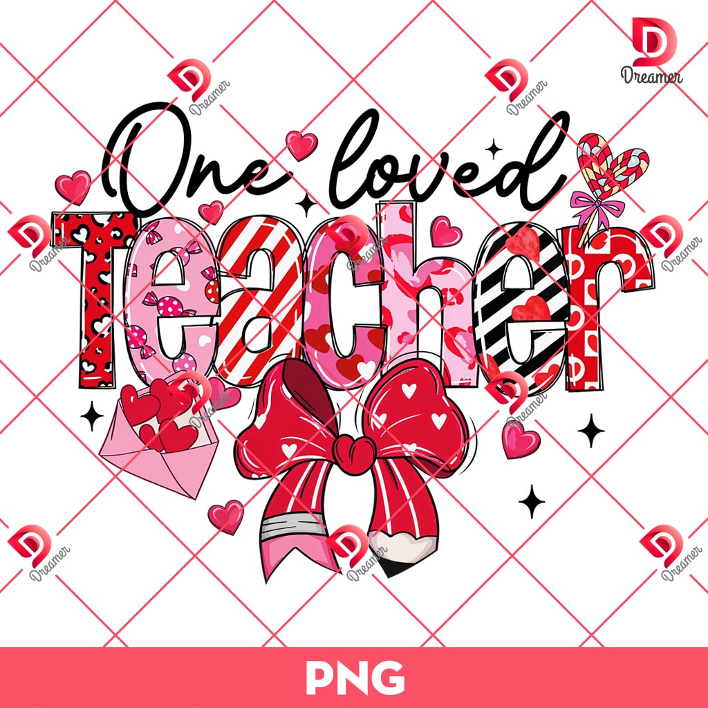 One Loved Teacher Coquette Pencil PNG, Teacher Valentines Day PNG, Teacher Love Coquette Bow PNG