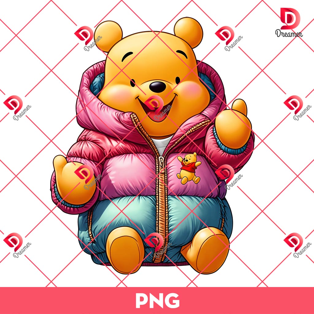 Winnie The Pooh Wearing Puffer Jacket PNG, Winter Disney Pooh Bear PNG