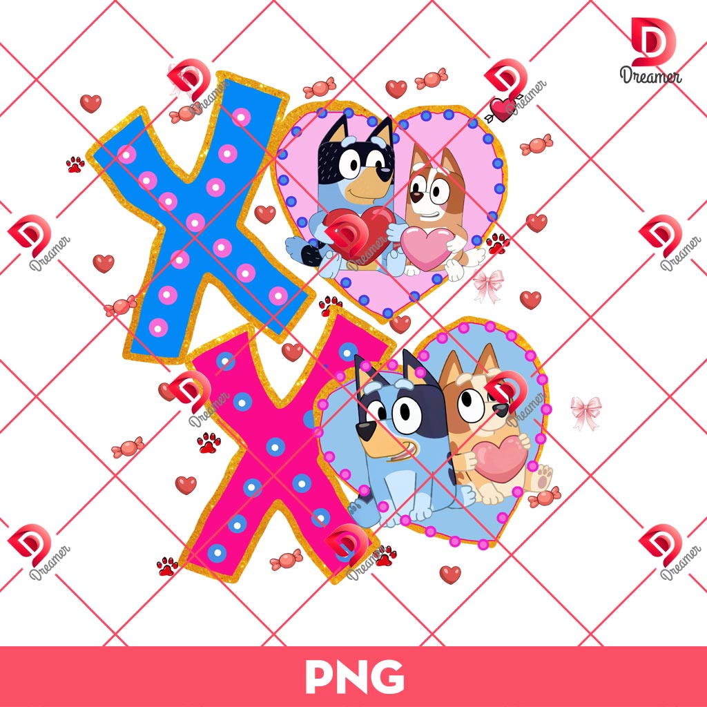 XOXO Love Valentines Day Bluey Cartoon PNG, Bluey Bingo Cartoon Valentine PNG