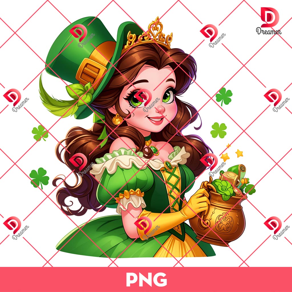 Belle Princess St Patricks Day PNG, Disney Princess Shamrock PNG, Beauty And The Beast St Patrick PNG