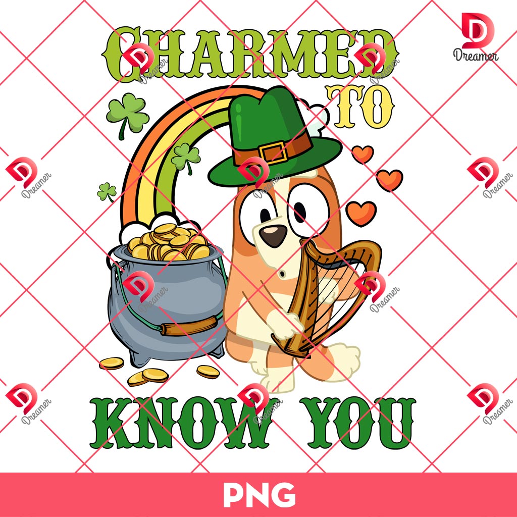 Bingo Charmed To Know You PNG, Bluey Cartoon St Patrick PNG, Saint Patricks Day Bingo Bluey PNG