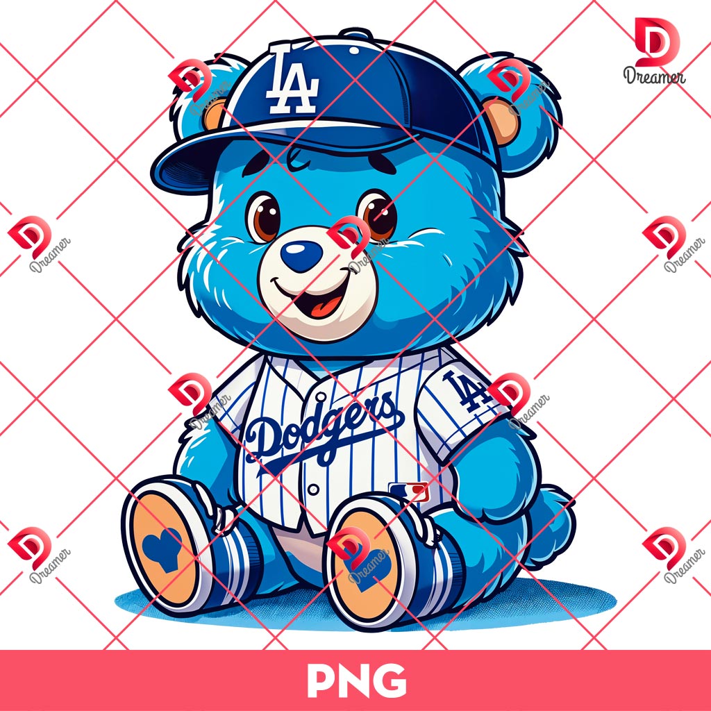 Blue Care Bear Los Angeles Dodgers PNG, Cartoon Care Bear LA Dodgers MLB Baseball PNG