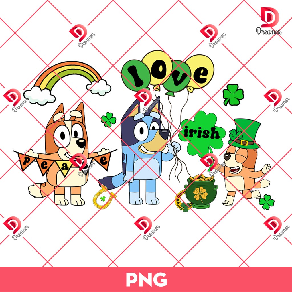 Bluey Bingo Peace Love Irish PNG, Lucky Shamrock Bluey Cartoon PNG, Bluey Friends St Patricks Day PNG