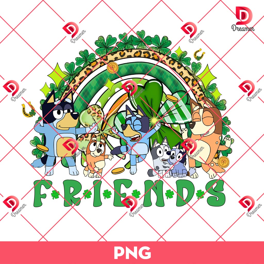 Bluey Friends St Patrick Shamrock Rainbow PNG, Saint Patricks Day Bluey Friends Cartoon PNG