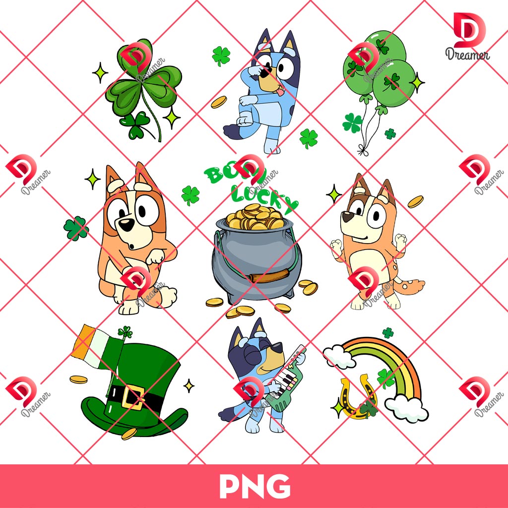 Bluey St Patricks Bom Lucky PNG, Saint Patricks Day Bluey Friends PNG