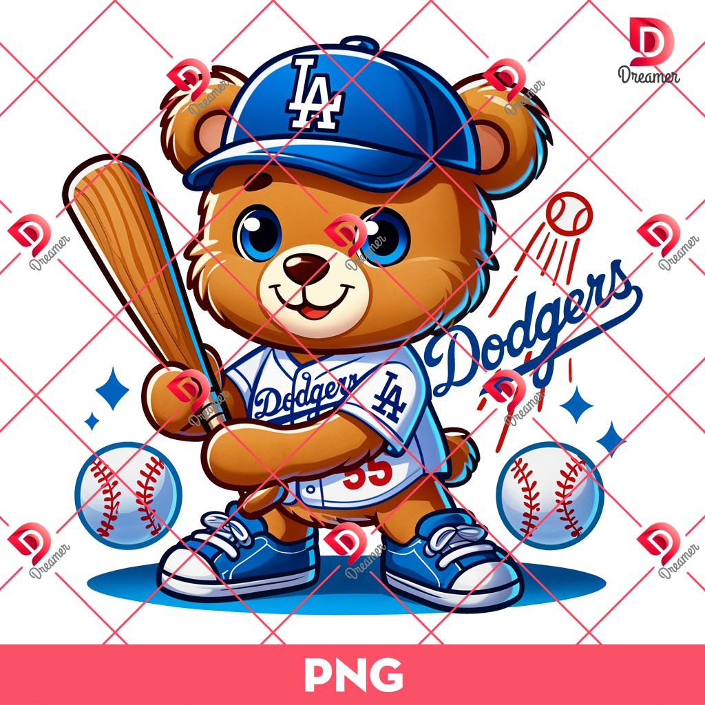 Care Bear LA Dodgers Baseball Player PNG, Cute Bear Cartoon Los Angeles Dodgers MLB PNG