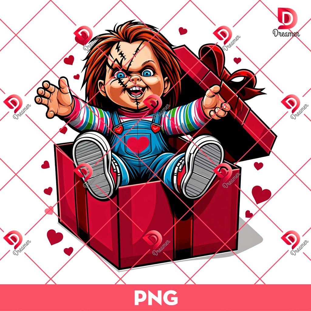 Chucky In A Valentine's Gift Box PNG, Horror Character Valentines Day PNG