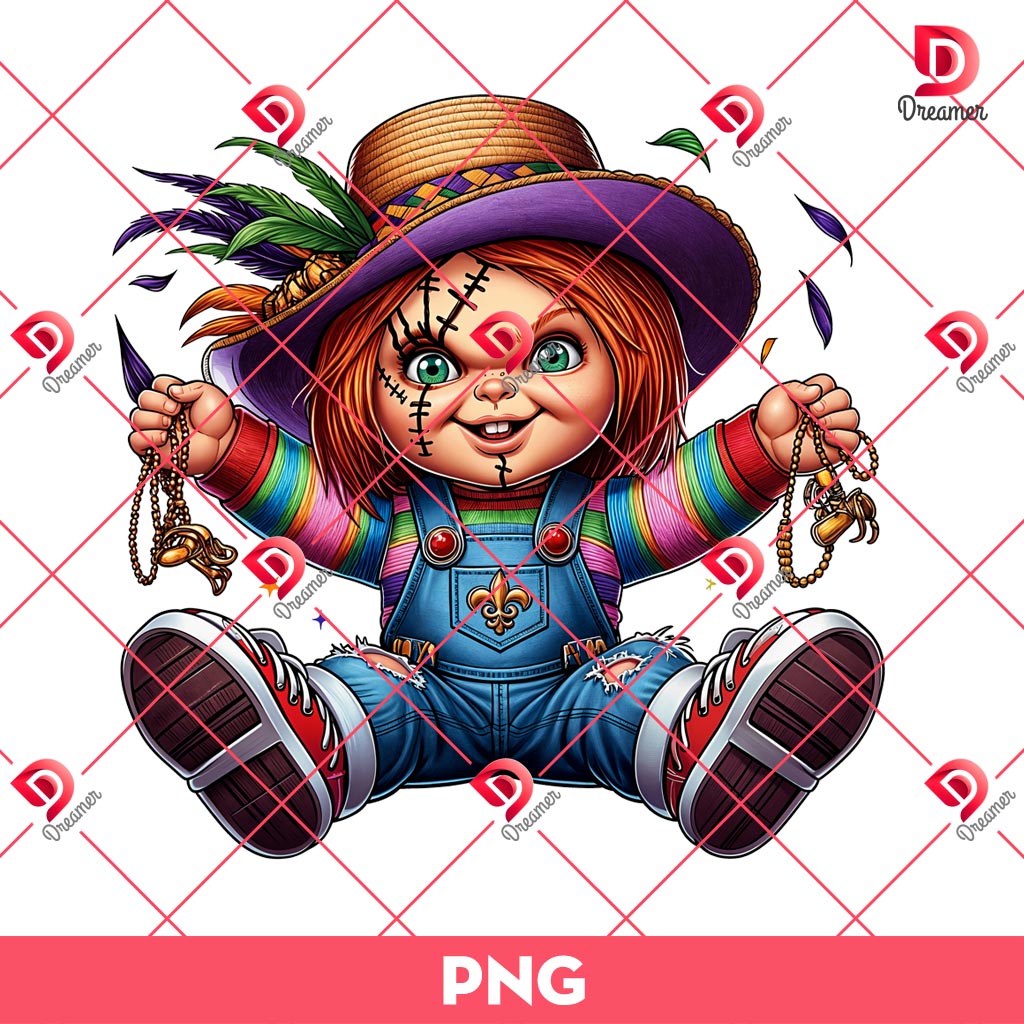 Chucky Mardi Gras PNG, Horror Character Mardi Gras Holiday PNG