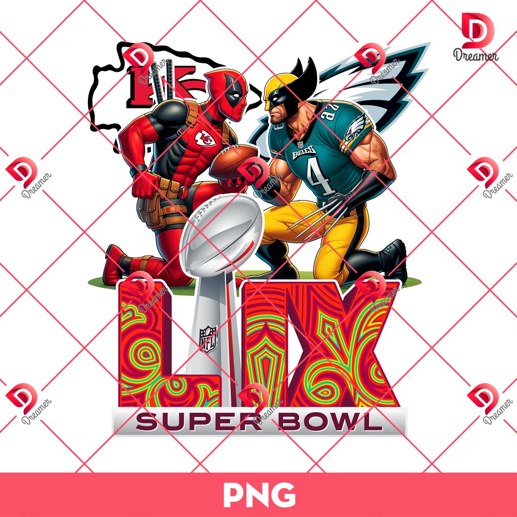 Deadpool KC Chiefs VS Wolverine Eagles PNG, Superhero Football PNG, Super Bowl LIX 2025 NFL Champs PNG