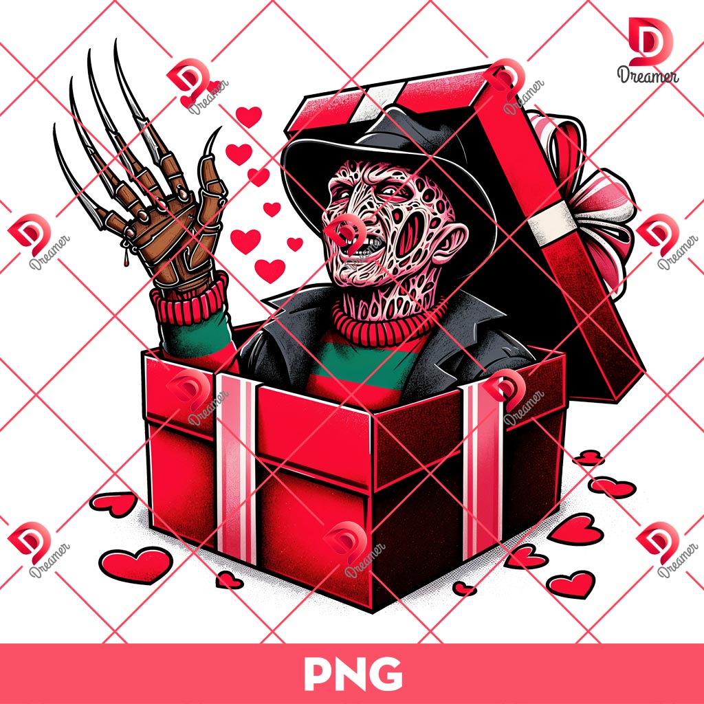Freddy Krueger In A Valentines Gift Box PNG, Horror Character Valentines Day PNG, Horror Freddy Valentine PNG