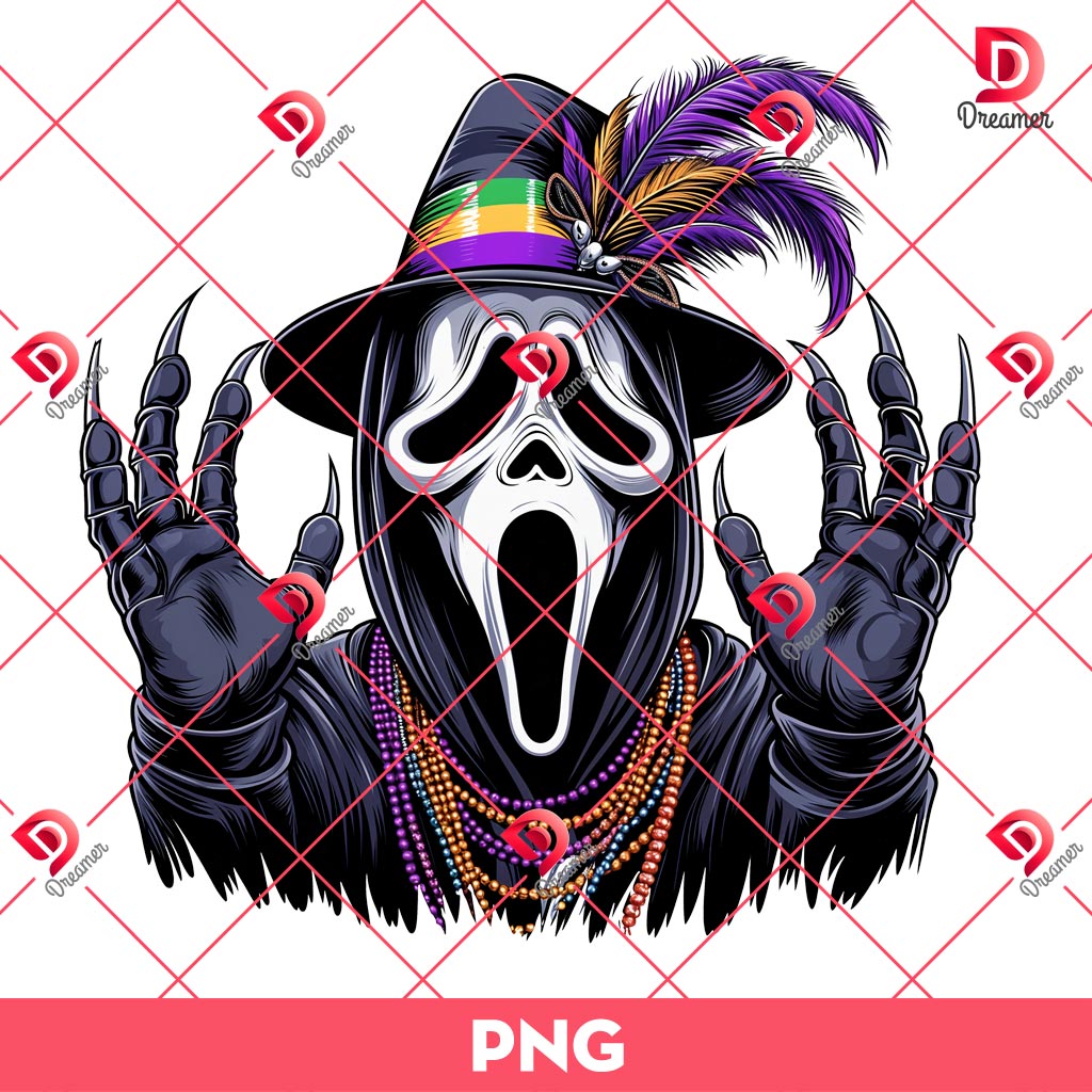 Ghostface Scream Mardi Gras PNG, Mardi Gras Horror Movie Character PNG