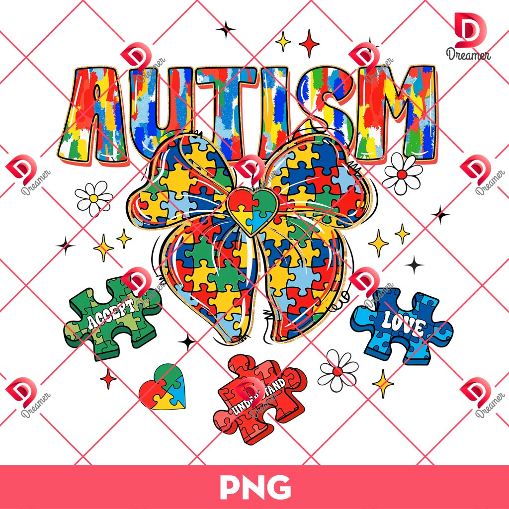 Glitter Colorful Autism Puzzle Coquette Bow PNG, Autism Love Understand Accept PNG