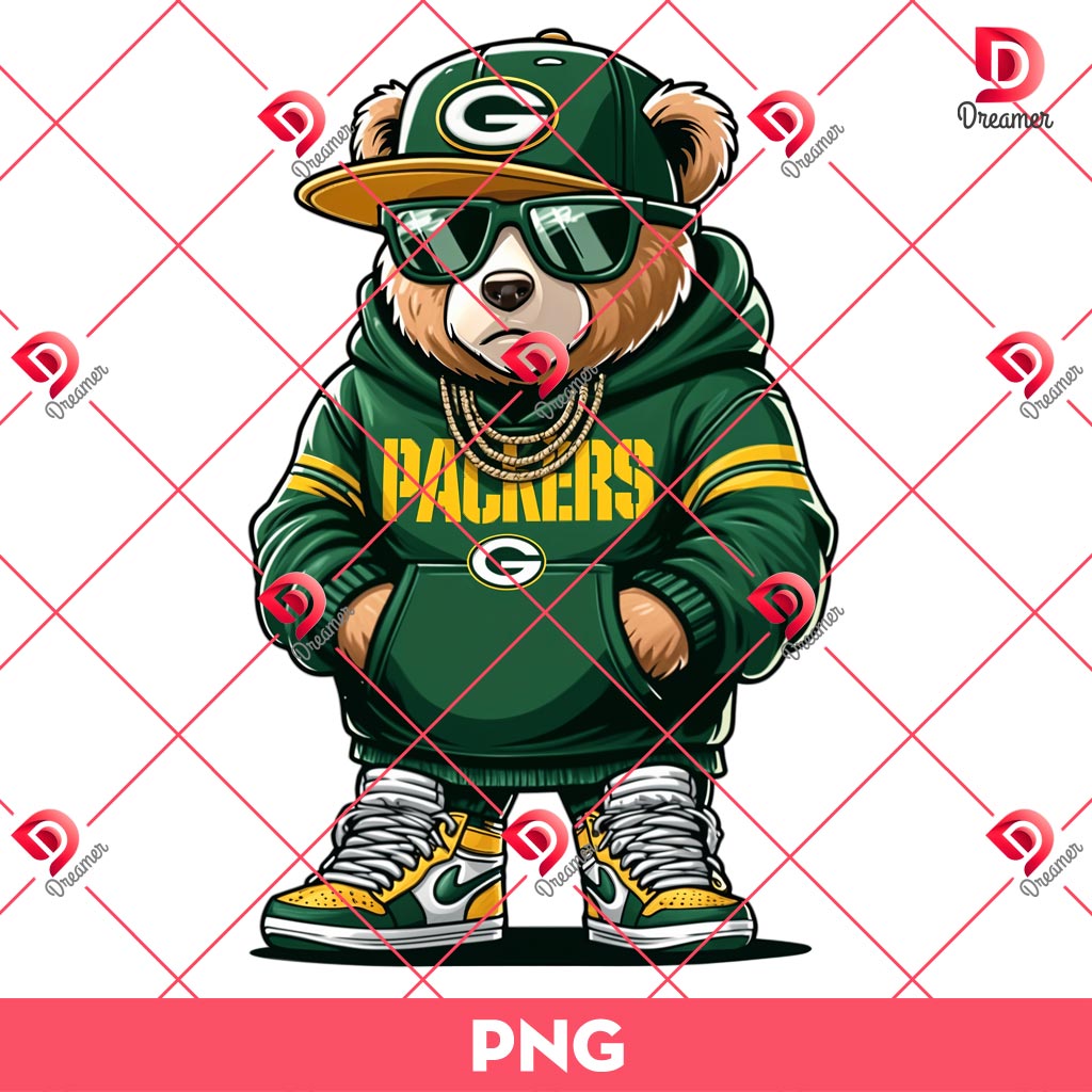 Green Bay Packers Football Teddy Bear PNG, NFL Teddy Bear Cartoon Packers PNG