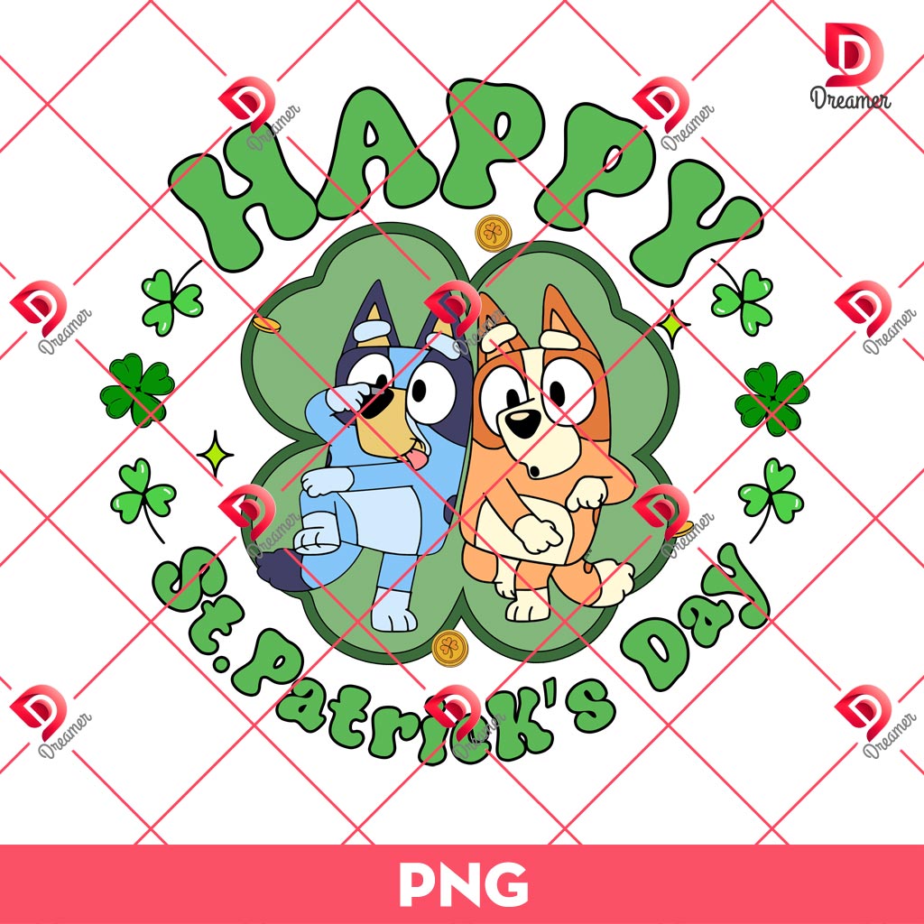 Happy St Patricks Day Bluey And Bingo PNG, Bluey Family St Patricks