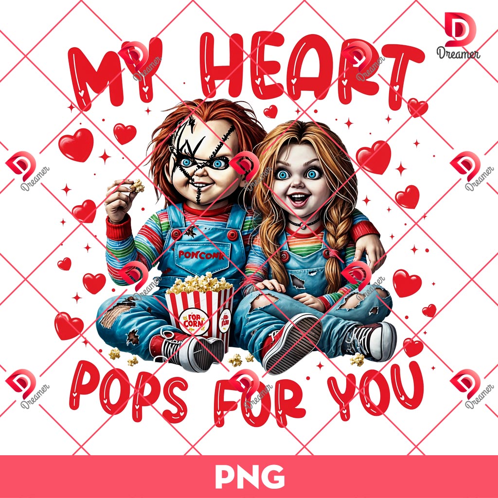 Horror Couple Chucky Valentine PNG, My Heart Pops For You PNG