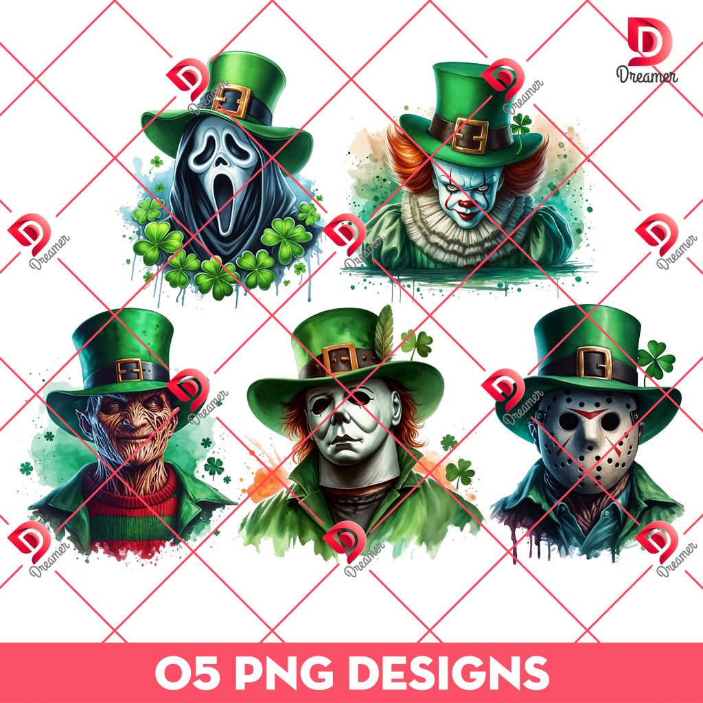 Horror Killers St Patricks Day PNG Bundle, St Patrick Horror Movie Characters Bundle PNG