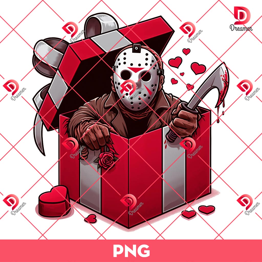 Jason Voorhees In A Valentines Gift Box PNG, Horror Character Valentines Day PNG, Horror Killer Valentine PNG