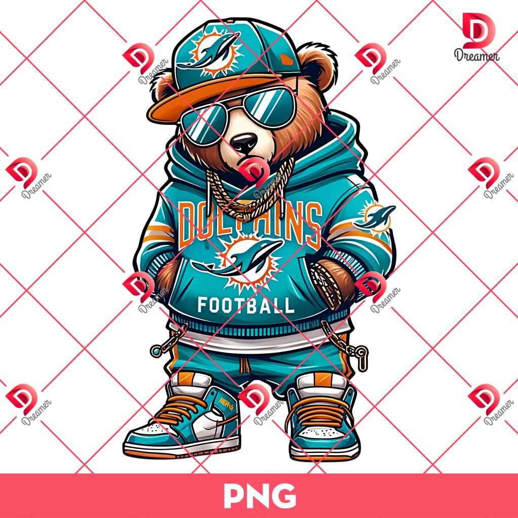 Miami Dolphins Football Teddy Bear PNG, NFL Teddy Bear Cartoon Dolphins PNG