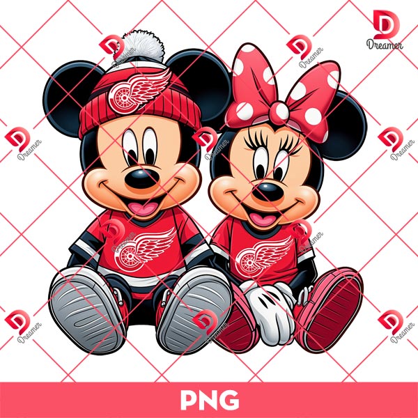 Mickey And Minnie Detroit Red Wings Hockey PNG, Disney Mickey Minnie Red Wings NHL Sport PNG