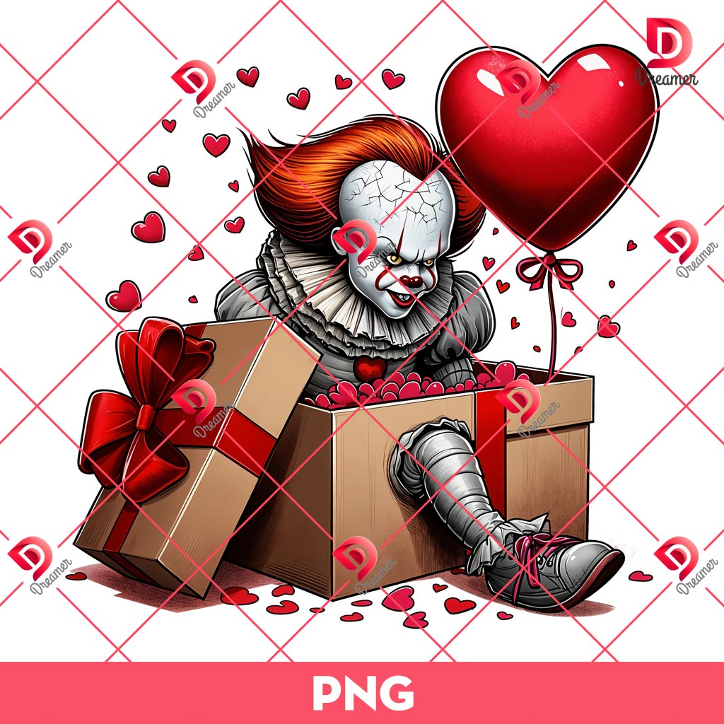 Pennywise In A Valentines Gift Box PNG, Horror Pennywise Valentines Day PNG, Horror Killers Gift Box Valentine PNG