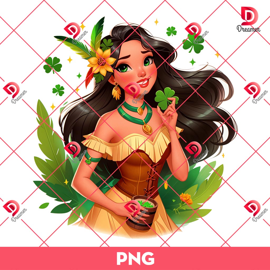 Pocahontas Princess St Patricks Day PNG, St Patrick Disney Princess PNG