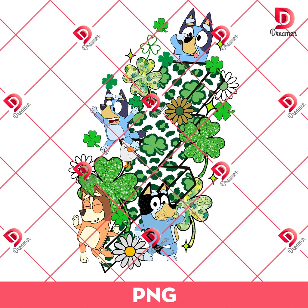 St Patricks Day Bluey Bingo Family PNG, Bluey Friends Saint Patrick PNG, Happy St Patricks Day Bluey Cartoon PNG