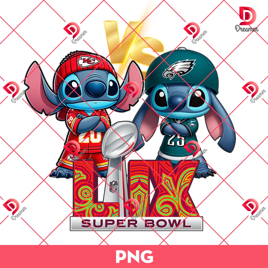 Stitch Cartoon Super Bowl LIX 2025 Football Champs PNG, Stitch KC Chiefs VS Stitch Philadelphia Eagles PNG