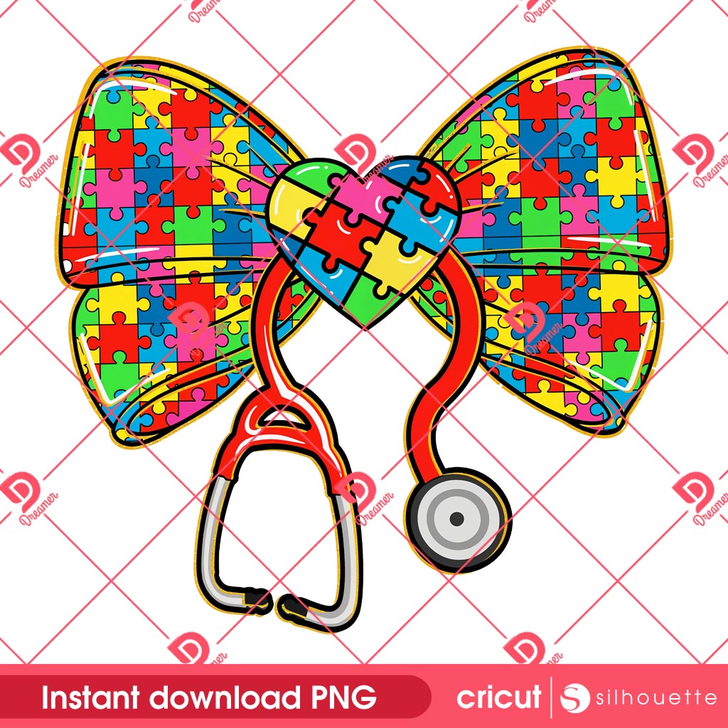Autism Nurse Coquette Bow PNG, Puzzle Peace Autism Coquette PNG, Autism Nurse PNG