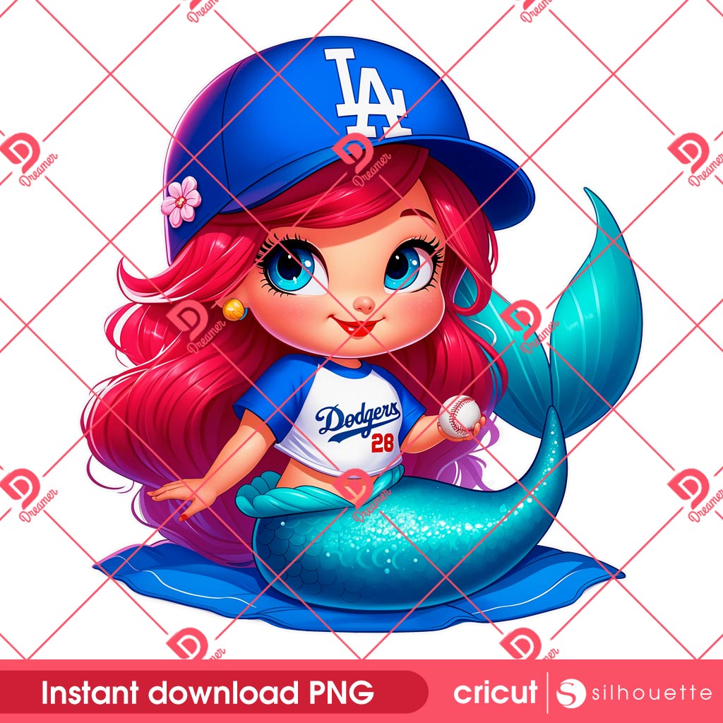 Baby Ariel Mermaid Wearing Dodgers Outfits PNG, Los Angeles Dodgers Disney Ariel Princess PNG