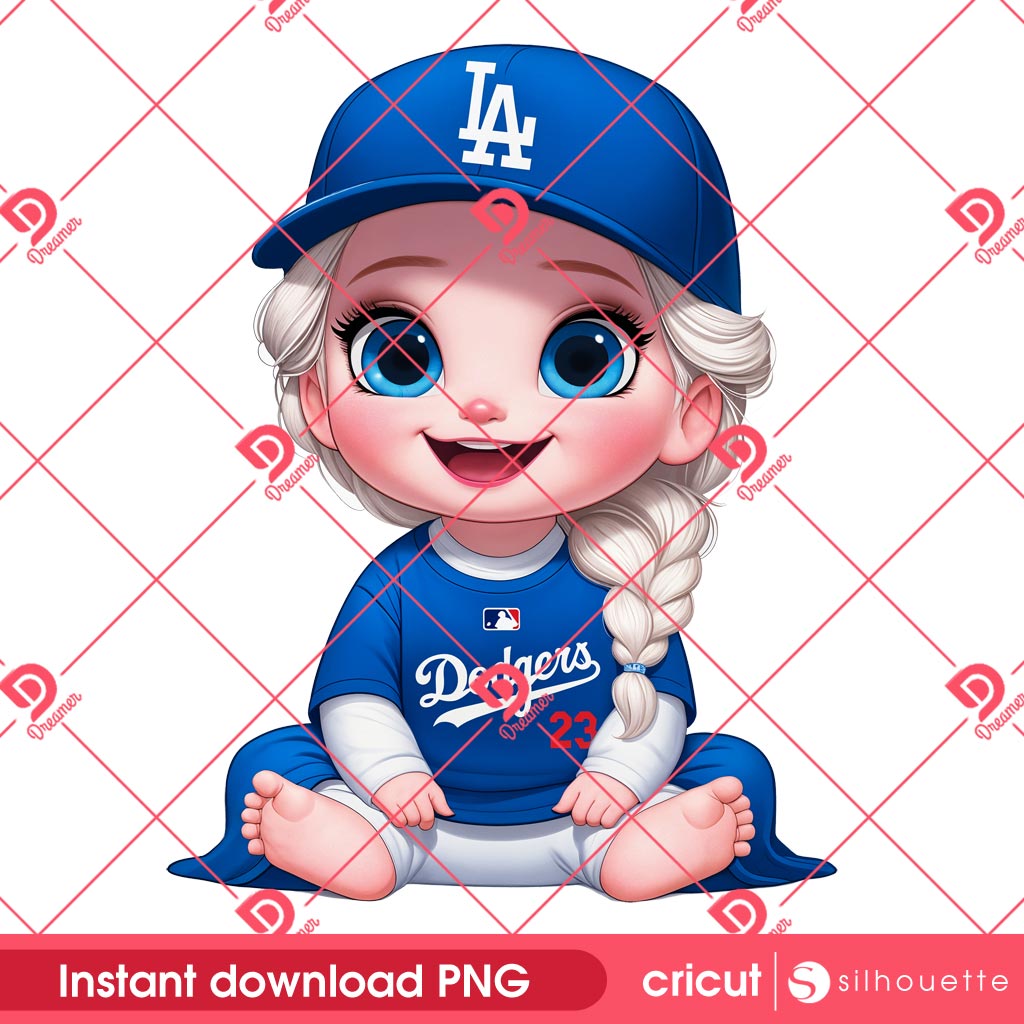 Baby Elsa Wearing Dodgers Outfits PNG, Los Angeles Dodgers Disney Frozen Princess PNG