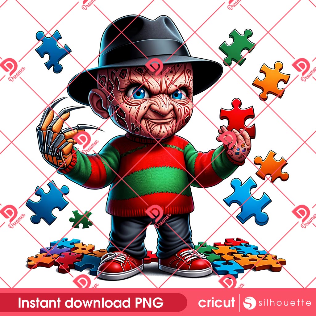 Baby Freddy Krueger With Puzzle Peace PNG, Horror Character Autism Awareness PNG
