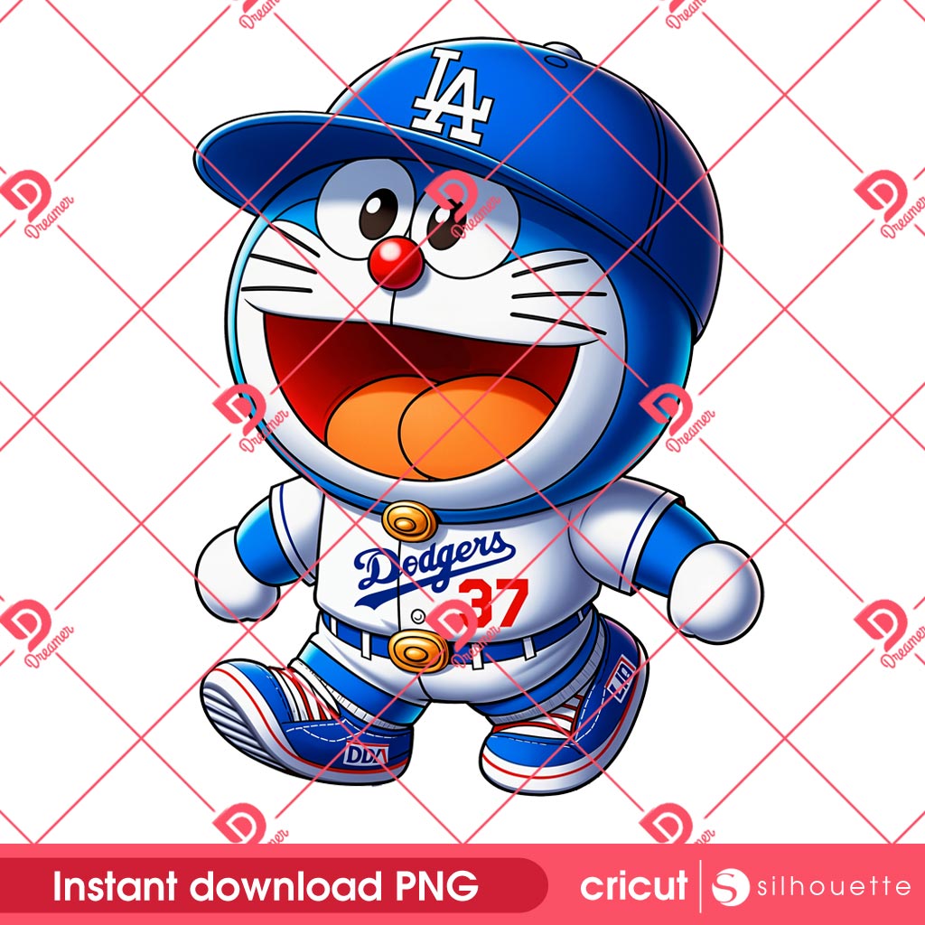 Doraemon Los Angeles Dodgers PNG, Doraemon Baseball LA Dodgers PNG, Cartoon Character MLB Sport PNG