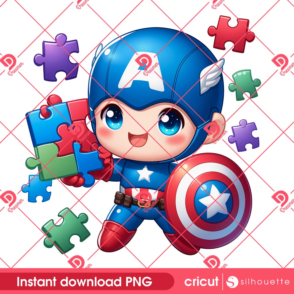 Superhero Captain America Autism Puzzle Peace PNG, Autism Awareness Cute Superhero PNG