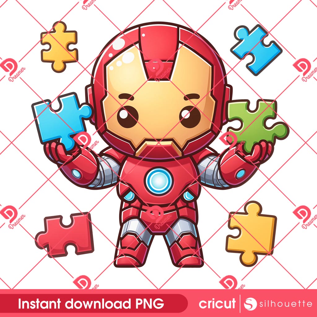 Superhero Ironman Autism Puzzle Peace PNG, Autism Awareness Cute Superhero Iron Man PNG