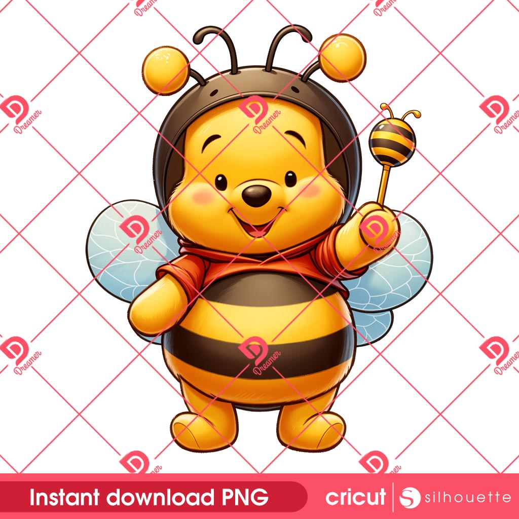 Winnie Pooh Bee Outfit PNG, Cute Pooh In Bee Costume PNG