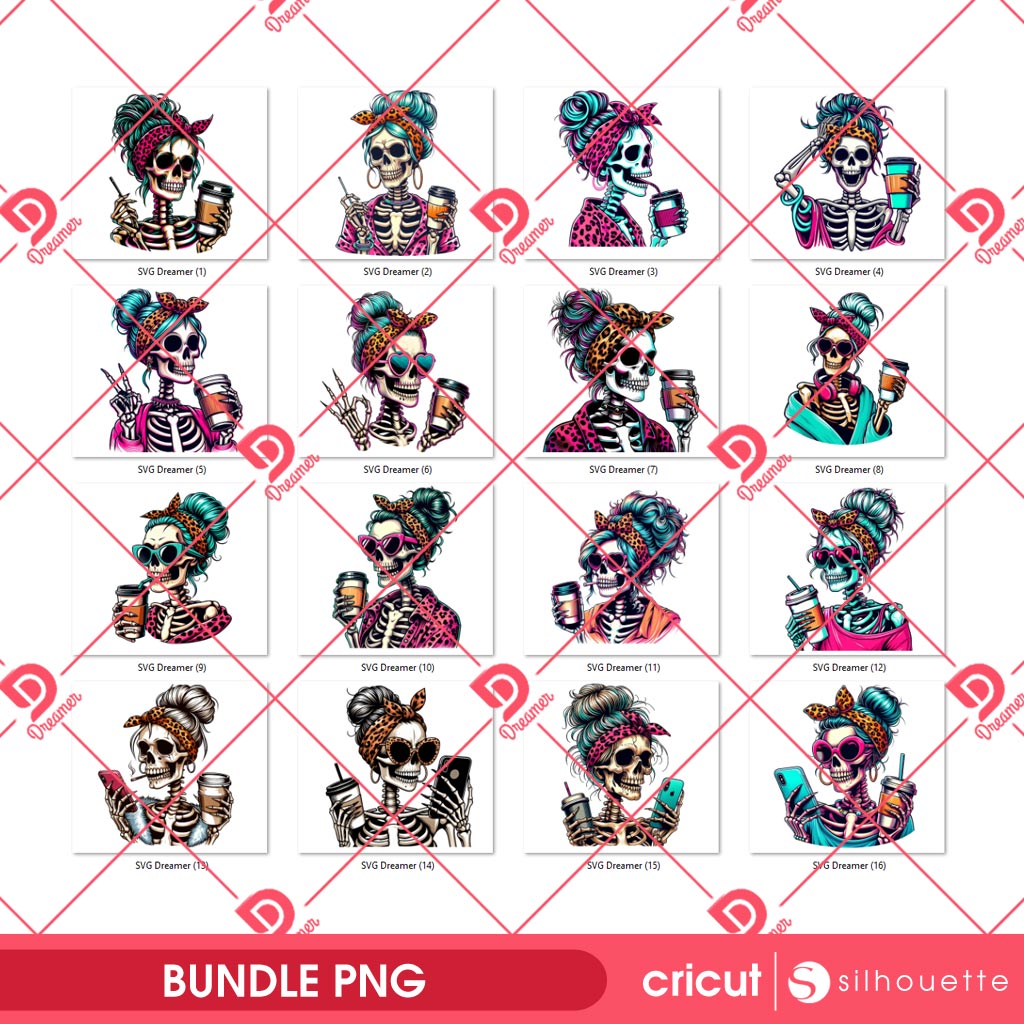 Bundle Skeleton Messy Bun Mom Coffee PNG, Skeleton Mom Drinks Coffee Bundle PNG
