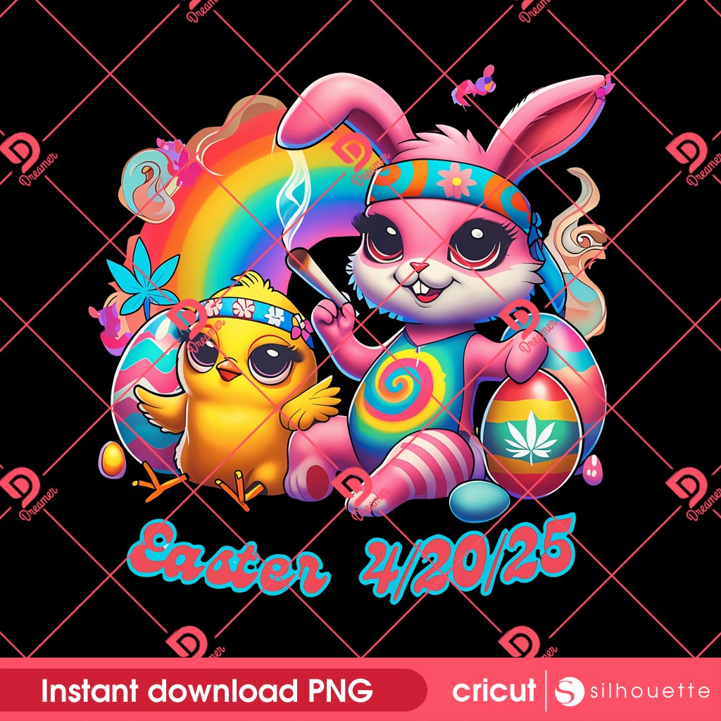 Bunny And Chick Happy 420 Easter PNG, Bunny And Chicken Smoking Weed Cannabis PNG