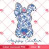 Bunny Floral Happy Easter PNG, Blue Floral Chinoiserie Bunny PNG